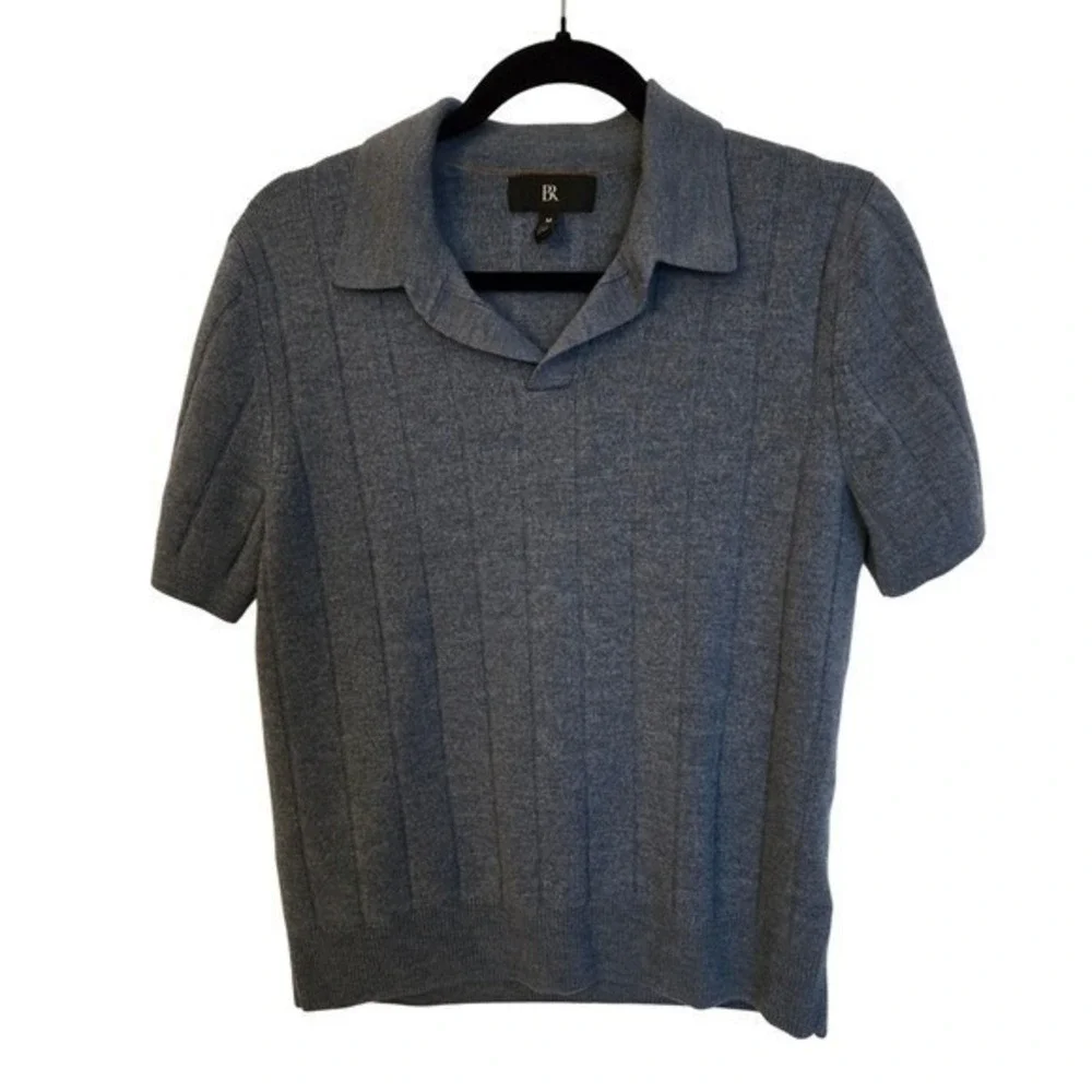 BR Ribbed Knit Polo Top Blue Short Sleeve Minimalist Quiet Luxury‎ Size M